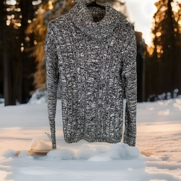 Gap Cable Knit Turtleneck Sweater Womens Black White Marled Size Large - Picture 1 of 5